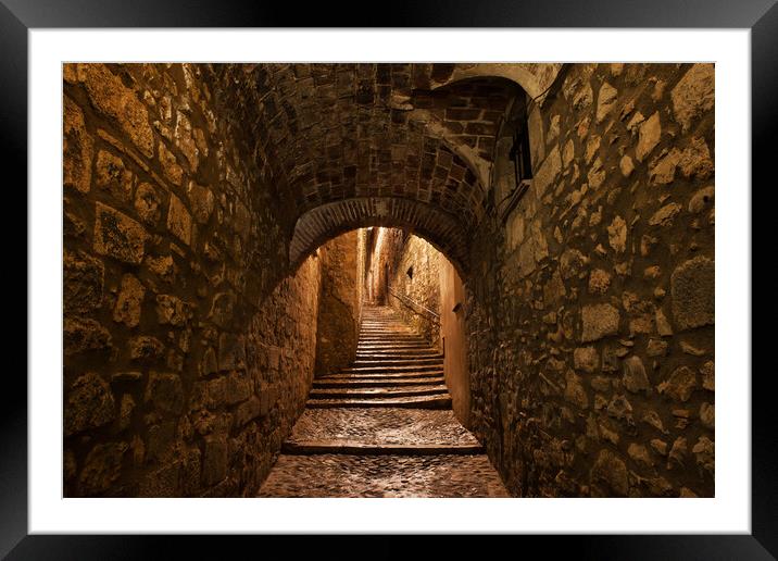 Street in Old Town of Girona by Night Framed Mounted Print by Artur Bogacki