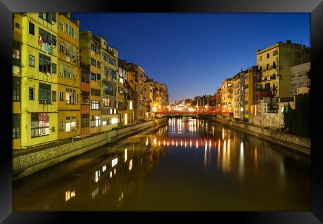 Waterside Houses in City of Girona at Night Framed Print by Artur Bogacki