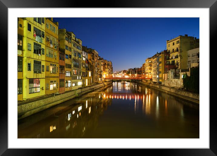 Waterside Houses in City of Girona at Night Framed Mounted Print by Artur Bogacki