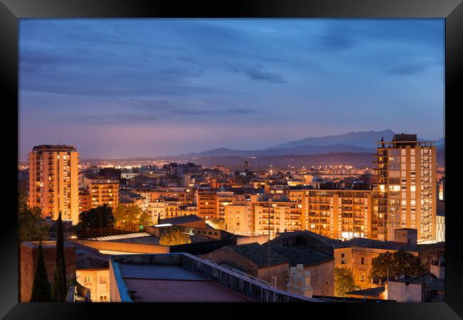 Girona City Twilight Cityscape In Spain Framed Print by Artur Bogacki