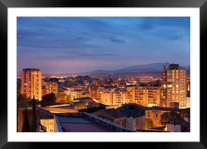 Girona City Twilight Cityscape In Spain Framed Mounted Print by Artur Bogacki