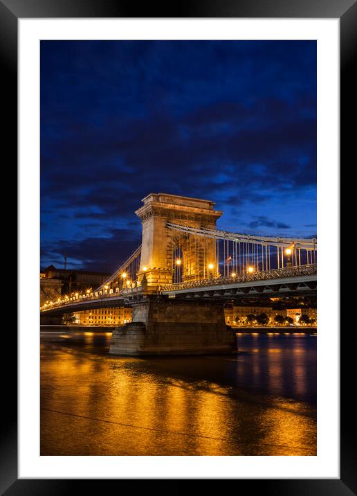 Chain Bridge at Night in Budapest Framed Mounted Print by Artur Bogacki