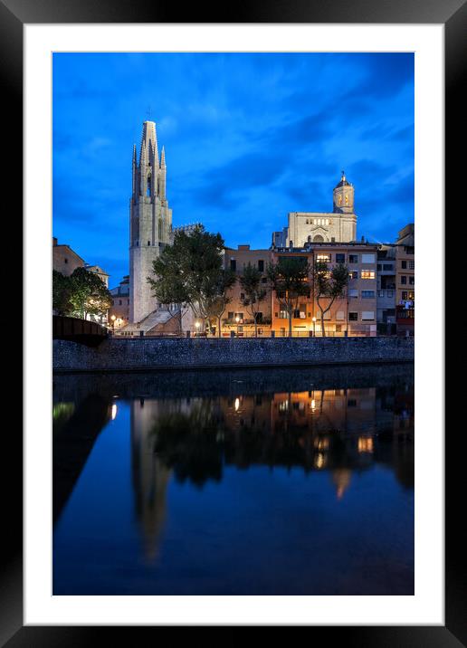 Girona City Skyline At Dusk Framed Mounted Print by Artur Bogacki