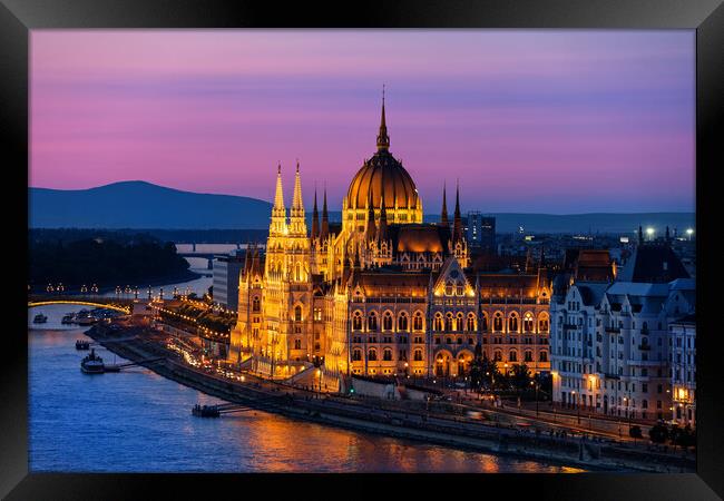 Hungarian Parliament at Twilight in Budapest City Framed Print by Artur Bogacki