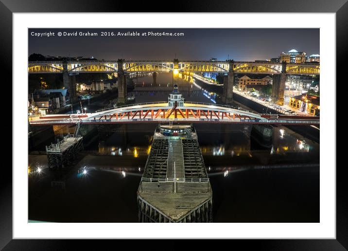Swing Bridge & High level Bridge at night Framed Mounted Print by David Graham