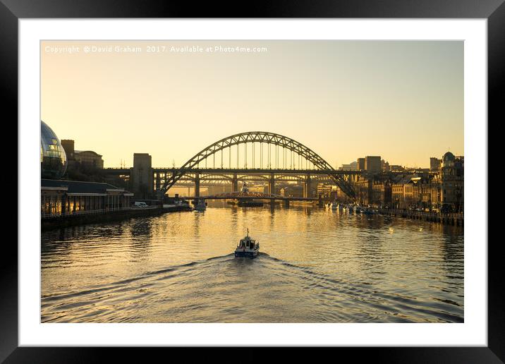 Tyne Bridge at sunset - Boat on water Framed Mounted Print by David Graham