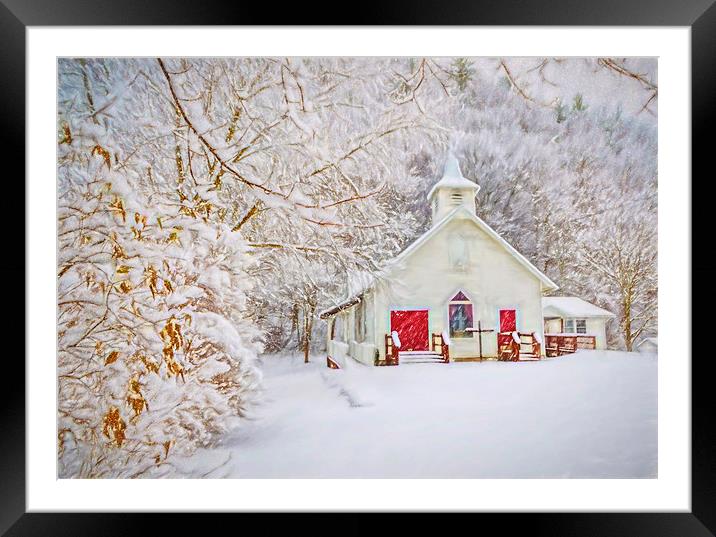 Little White And Red Church In The Snow Framed Mounted Print by Sarah Ball