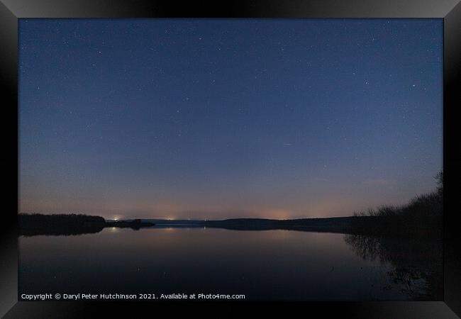 Constellations stars and sky over a calm reservoir Framed Print by Daryl Peter Hutchinson
