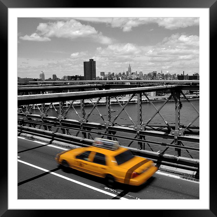  Yellow cab on Brooklyn Bridge, New York Framed Mounted Print by Peter Schneiter