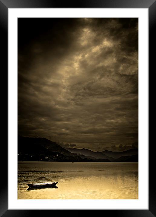 Lone boat on Fewa Lake, Pokhara, Nepal Framed Mounted Print by Julian Bound