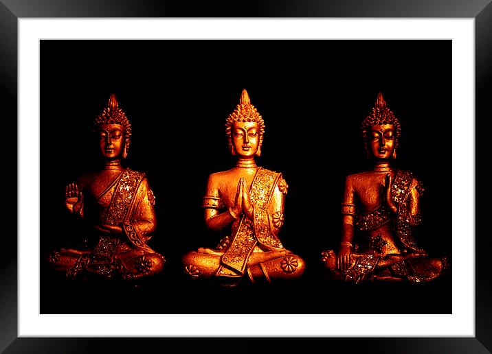 Three golden Buddhas Framed Mounted Print by Julian Bound