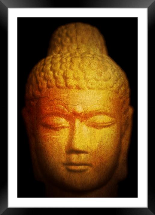Thai Buddha statue with golden and orange tones Framed Mounted Print by Julian Bound