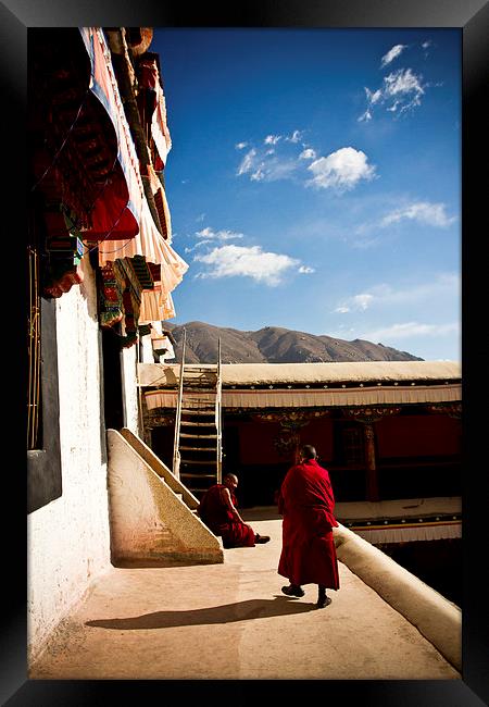 Two old Buddhist monks of Drepung Monastery, Tibet Framed Print by Julian Bound