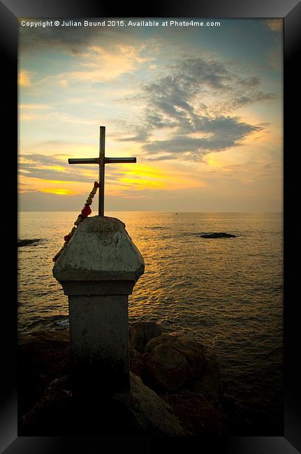 Sunset and crucifix, Vagator, Goa, India Framed Print by Julian Bound