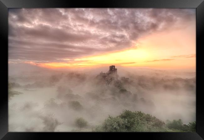 Corfe Castle in the morning Mist Framed Print by daniel allen