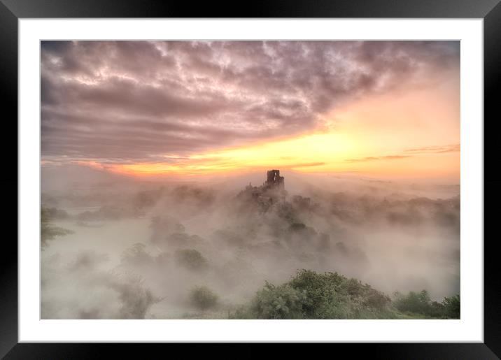 Corfe Castle in the morning Mist Framed Mounted Print by daniel allen