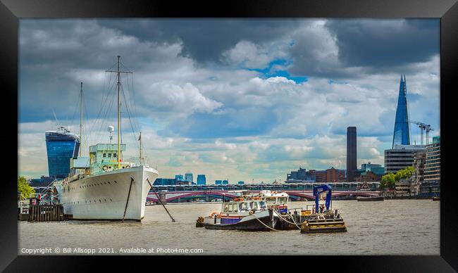 HMS Wellington with the Walkie Talkie and Shard. Framed Print by Bill Allsopp