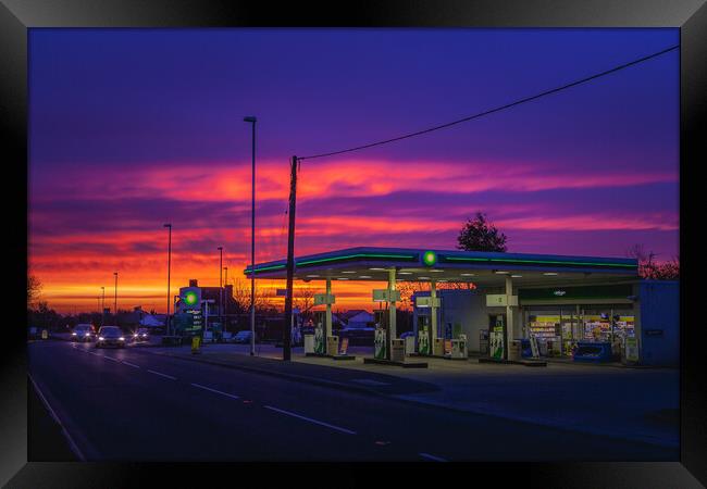 Petrol station sunrise. Framed Print by Bill Allsopp