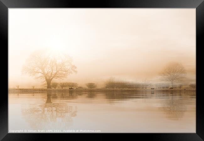 Rural misty Norfolk landscape with water reflections Framed Print by Simon Bratt LRPS