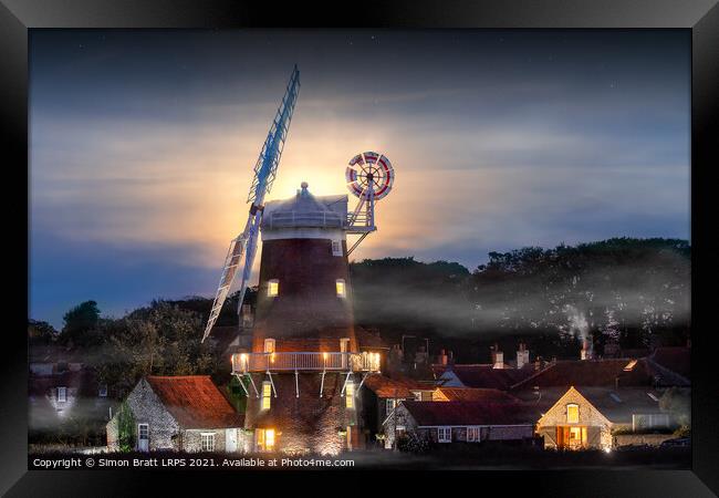 Cley windmill twilight with full moon in Norfolk Framed Print by Simon Bratt LRPS