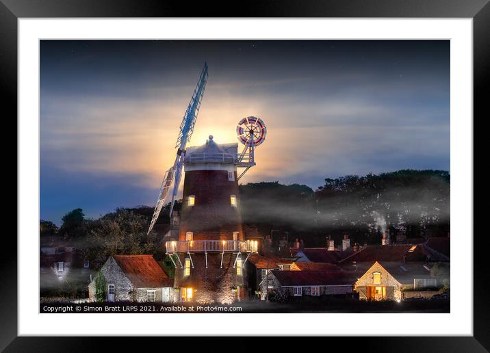 Cley windmill twilight with full moon in Norfolk Framed Mounted Print by Simon Bratt LRPS