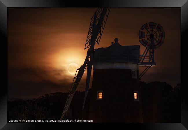 Cley windmill and harvest moon at night in Norfolk Framed Print by Simon Bratt LRPS
