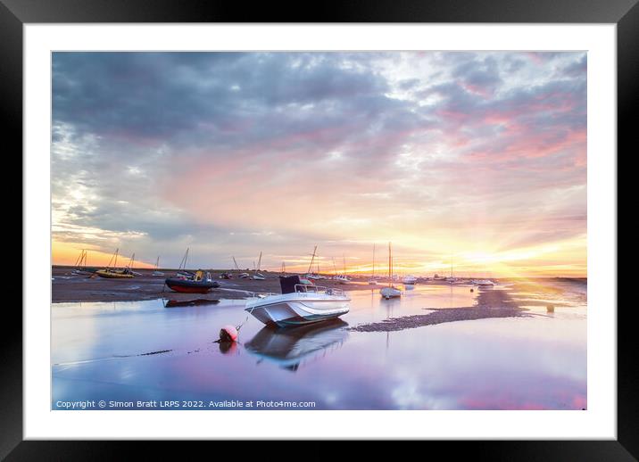 Brancaster Staithe boat harbour at sunrise in Norfolk UK Framed Mounted Print by Simon Bratt LRPS