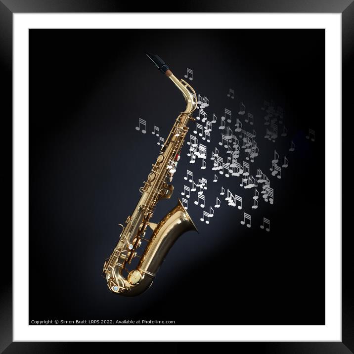 Saxophone with musical notes coming out the bell Framed Mounted Print by Simon Bratt LRPS