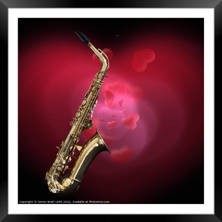 Saxophone with red love heart background Framed Mounted Print by Simon Bratt LRPS