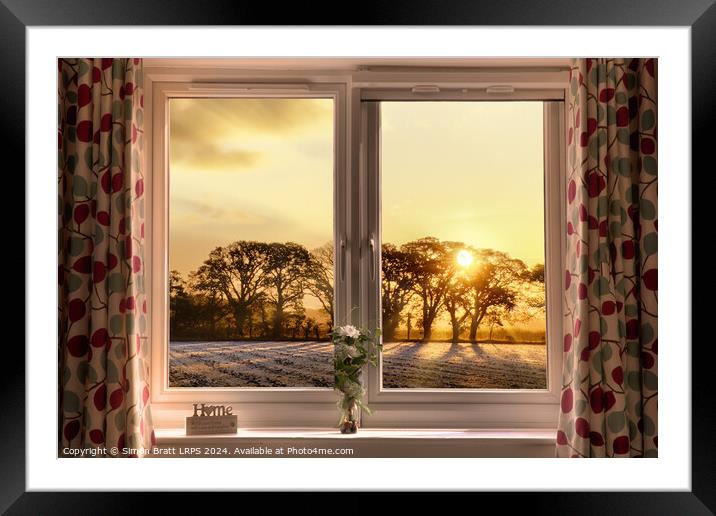 Window view onto glowing sunset through trees Framed Mounted Print by Simon Bratt LRPS