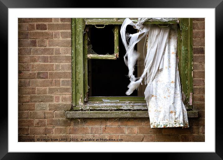 Abandonded building window and curtains Framed Mounted Print by Simon Bratt LRPS