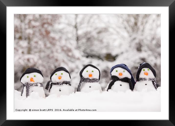 Five cute snowmen facing forward Framed Mounted Print by Simon Bratt LRPS