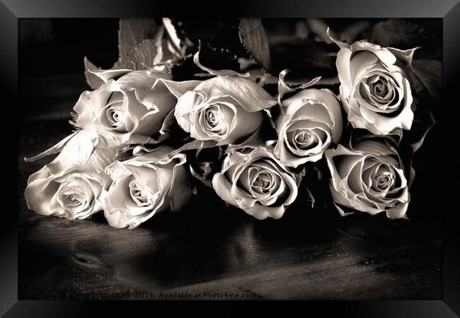 Roses on a table in black and white Framed Print by Simon Bratt LRPS