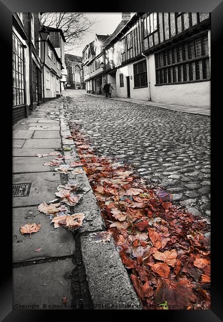 Old Elm Hill Norwich cobbled street black and whit Framed Print by Simon Bratt LRPS