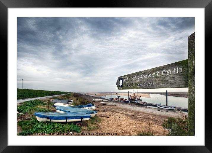 Norfolk coastal path sign and boats Framed Mounted Print by Simon Bratt LRPS