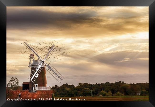 Cley windmill Norfolkwith flock of birds at sunse Framed Print by Simon Bratt LRPS