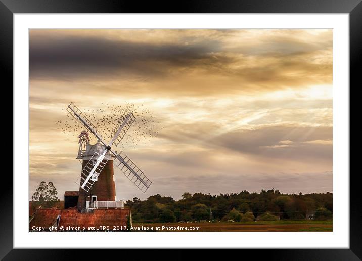 Cley windmill Norfolkwith flock of birds at sunse Framed Mounted Print by Simon Bratt LRPS