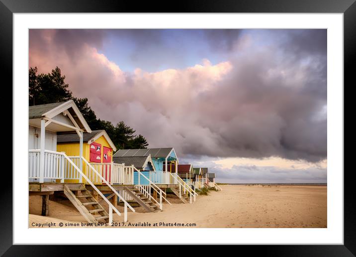 Wells Next The Sea in Norfolk beach huts  Framed Mounted Print by Simon Bratt LRPS