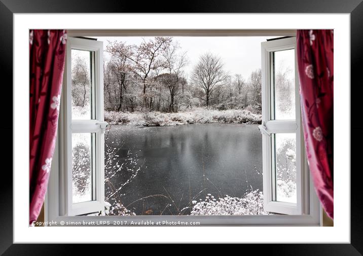 Beautiful frozen lake scene through an open window Framed Mounted Print by Simon Bratt LRPS