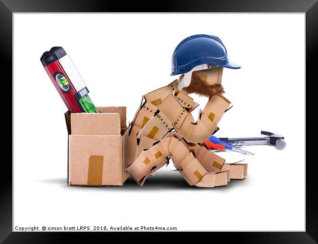 Box character handyman character sat thinking Framed Print by Simon Bratt LRPS