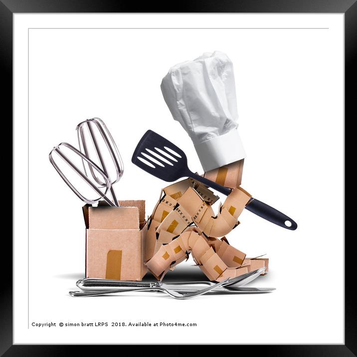 Chef character sat thinking with kitchen tools Framed Mounted Print by Simon Bratt LRPS