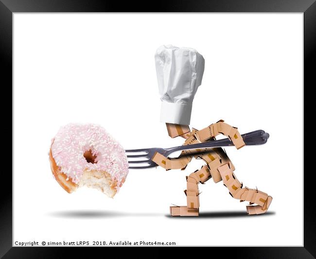 Chef box character attacking a large donut Framed Print by Simon Bratt LRPS