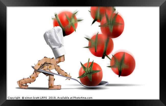 Cute chef box character catching tomatoes Framed Print by Simon Bratt LRPS