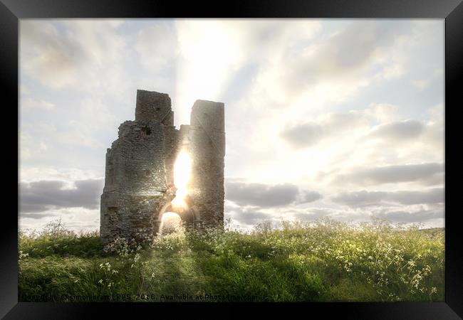 Bawsey church ruin with etherreal sunlight in Norf Framed Print by Simon Bratt LRPS