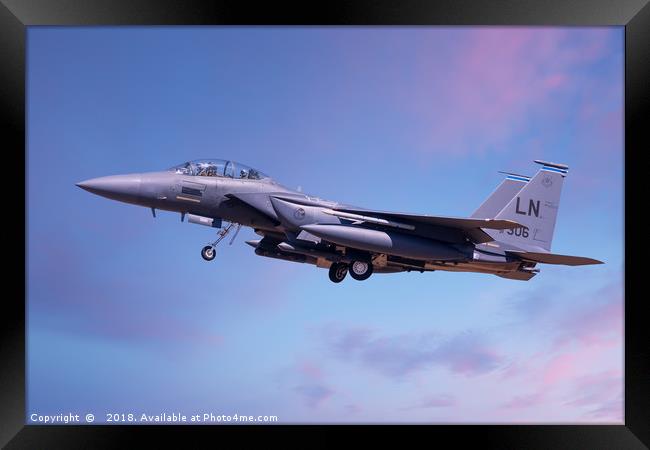 F15 coming into land lowering landing gear Framed Print by Simon Bratt LRPS