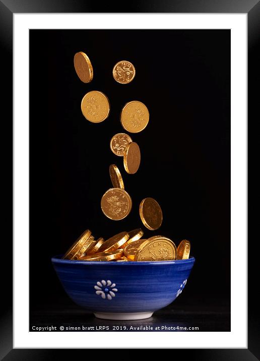 Pot of gold with blurred falling coins Framed Mounted Print by Simon Bratt LRPS