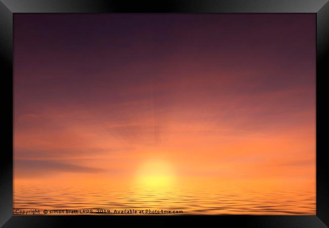 Sunset at sea with calm ocean water Framed Print by Simon Bratt LRPS
