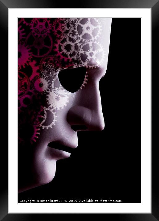 A.I. robotic face close up with cogs Framed Mounted Print by Simon Bratt LRPS