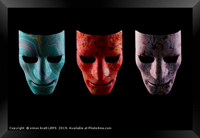 Three textured AI robotic face masks Framed Print by Simon Bratt LRPS