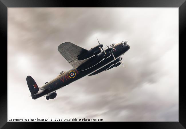 Lancaster bomber close up fly past Framed Print by Simon Bratt LRPS